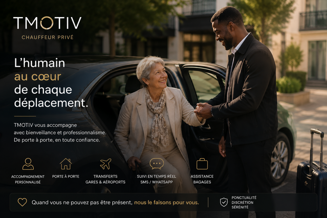 Chauffeur TMOTIV accompagnant une voyageuse avec ses bagages