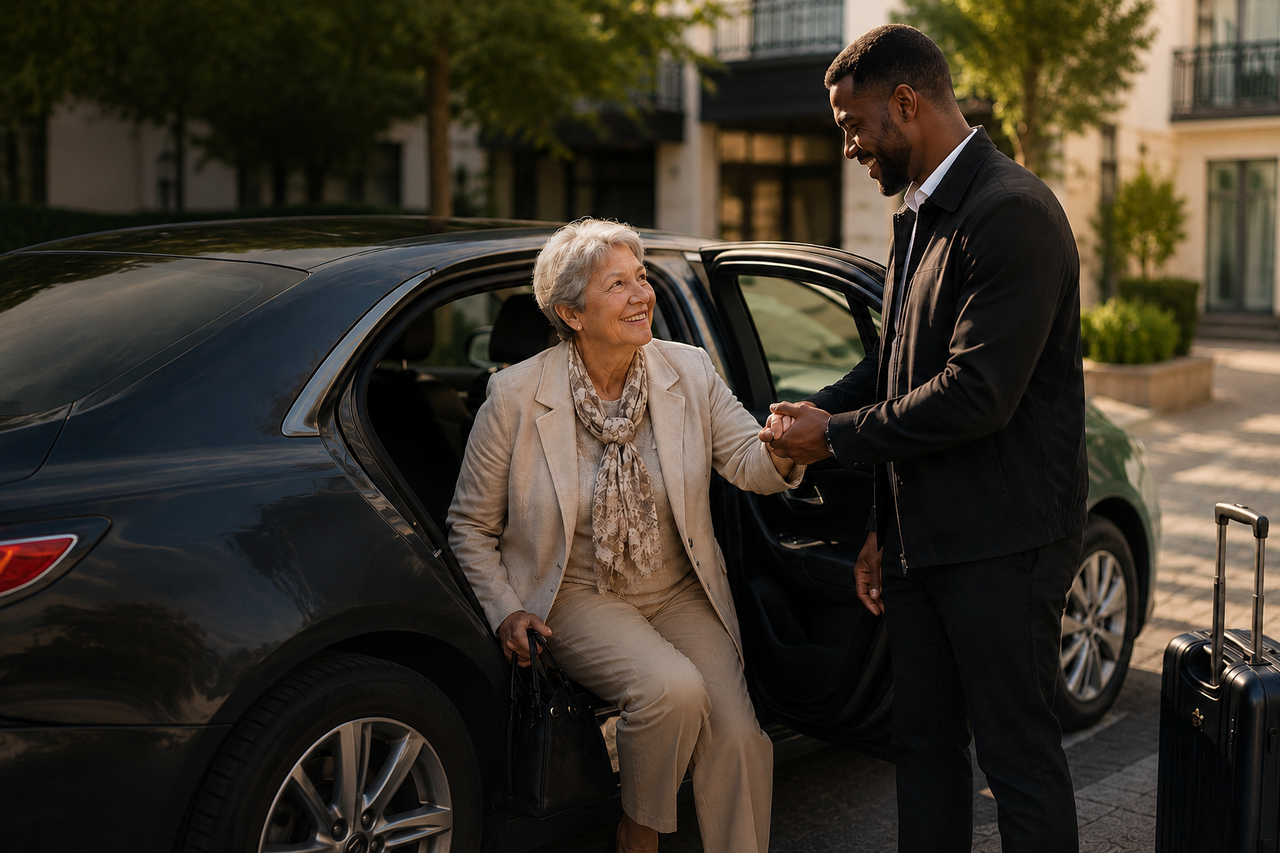 Chauffeur accompagnateur TMOTIV aidant une passagère avec attention